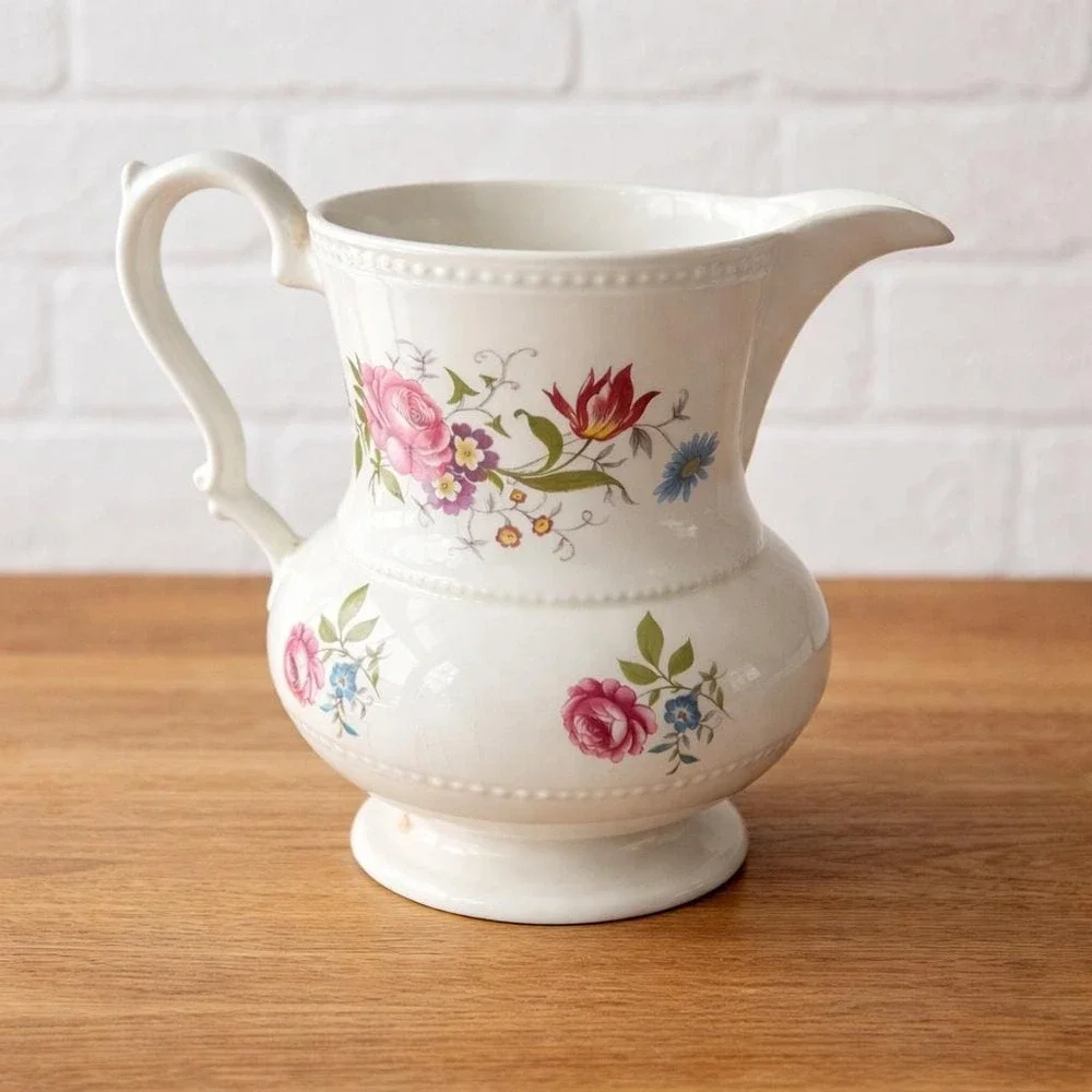 Cream Floral Ceramic Pitcher Vase - Decorative Home Accent